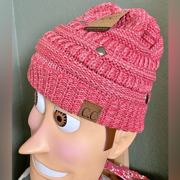 New Adult Size CC Winter Heathered Red Cable Knit Cozy Hat Cap Beanie w/ Hearts - Picture 2 of 4